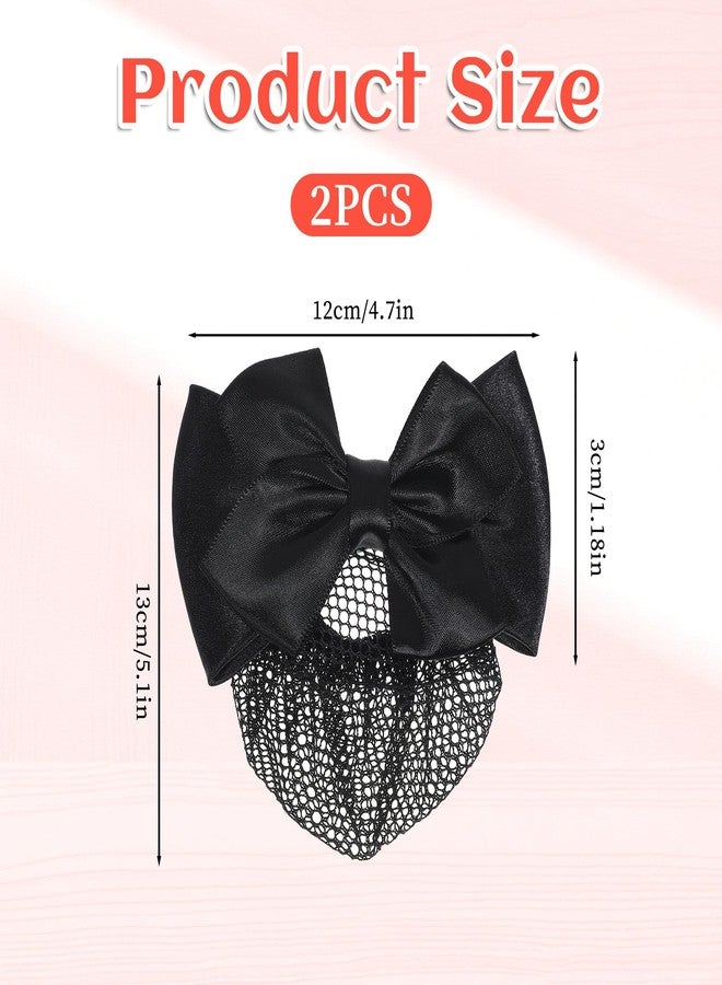 Aysatogc 2 Pieces Hair Snood Net, Women's Bun Cover Hairnet Satin Bow Barrette French Clips Ribbon Flower Hair Accessories for Stewardess Banks Hotels Restaurant Staff (Black) - Image 2
